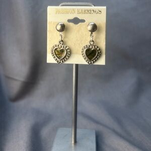 Heart-Shaped Silver and Green Earrings